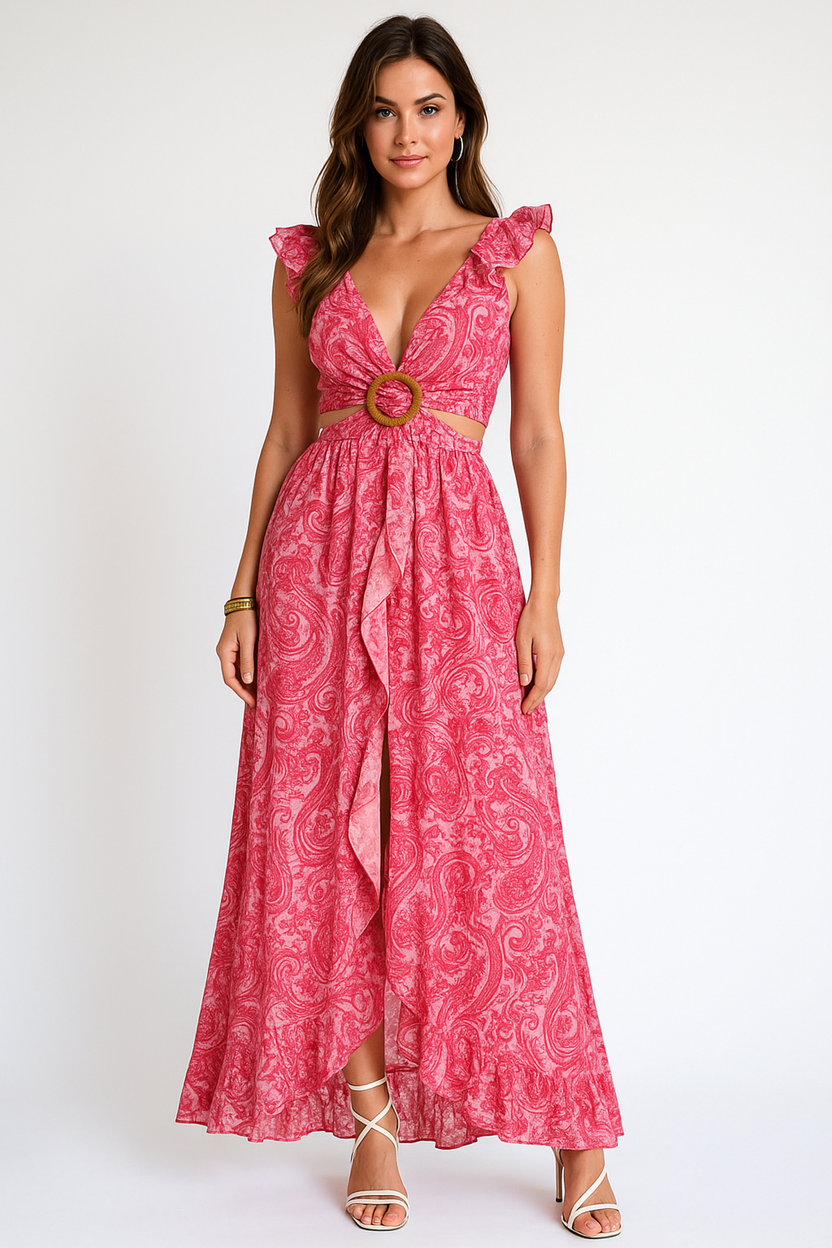Abito maxi paisley con scollo a V e orlo volant