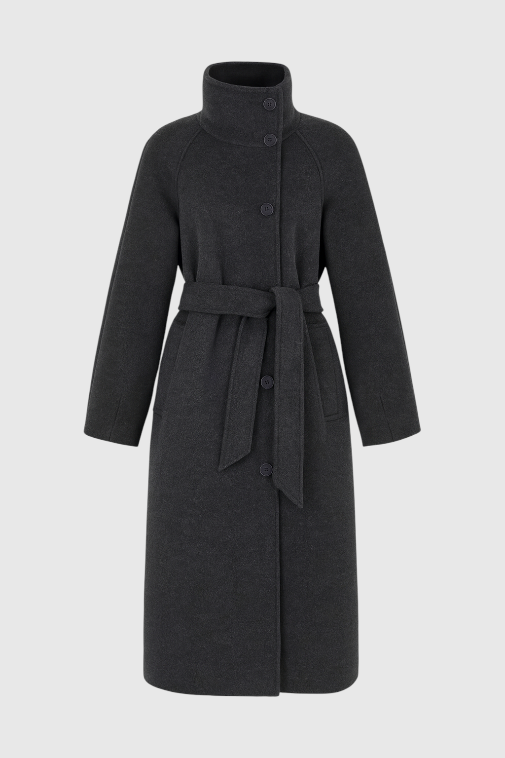 Cappotto Lungo Collo Alto | Con Cintura, Maniche Raglan, Abbottonatura Singola