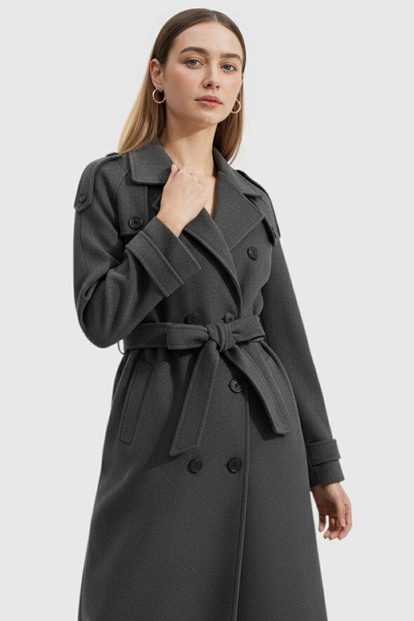 Cappotto Lungo Doppiopetto | Cintura in Vita | Vestibilità Comoda