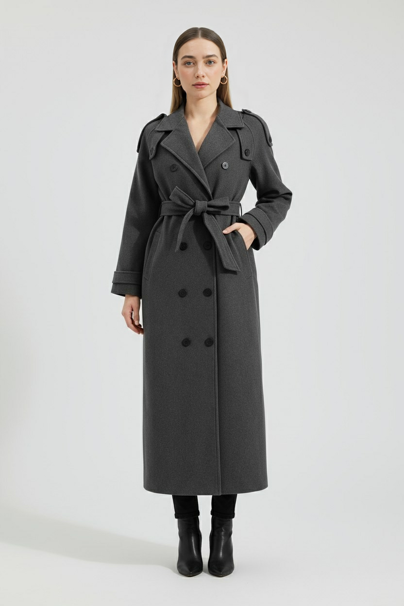 Cappotto Lungo Doppiopetto | Cintura in Vita | Vestibilità Comoda