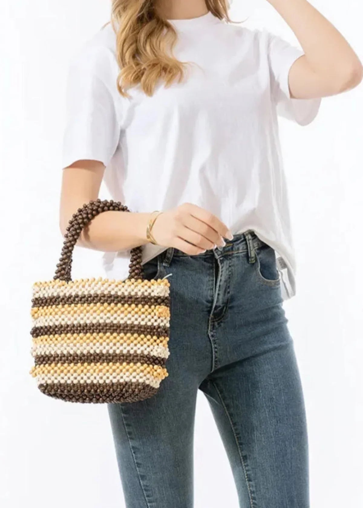 Borsa Tote Artigianale Striata con Perline | Manico Strutturato