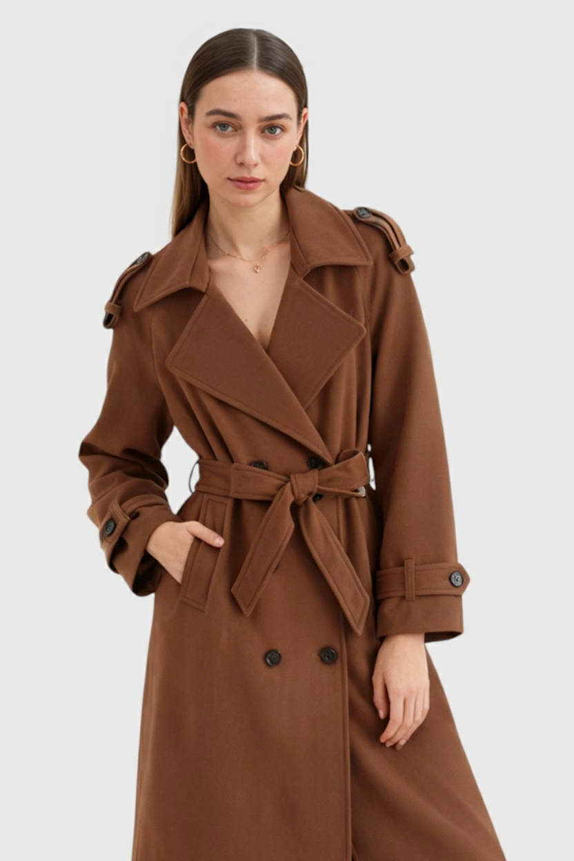 Cappotto Lungo Wool Blend Doppio Petto | Collo a Revers, Cintura Inclusa