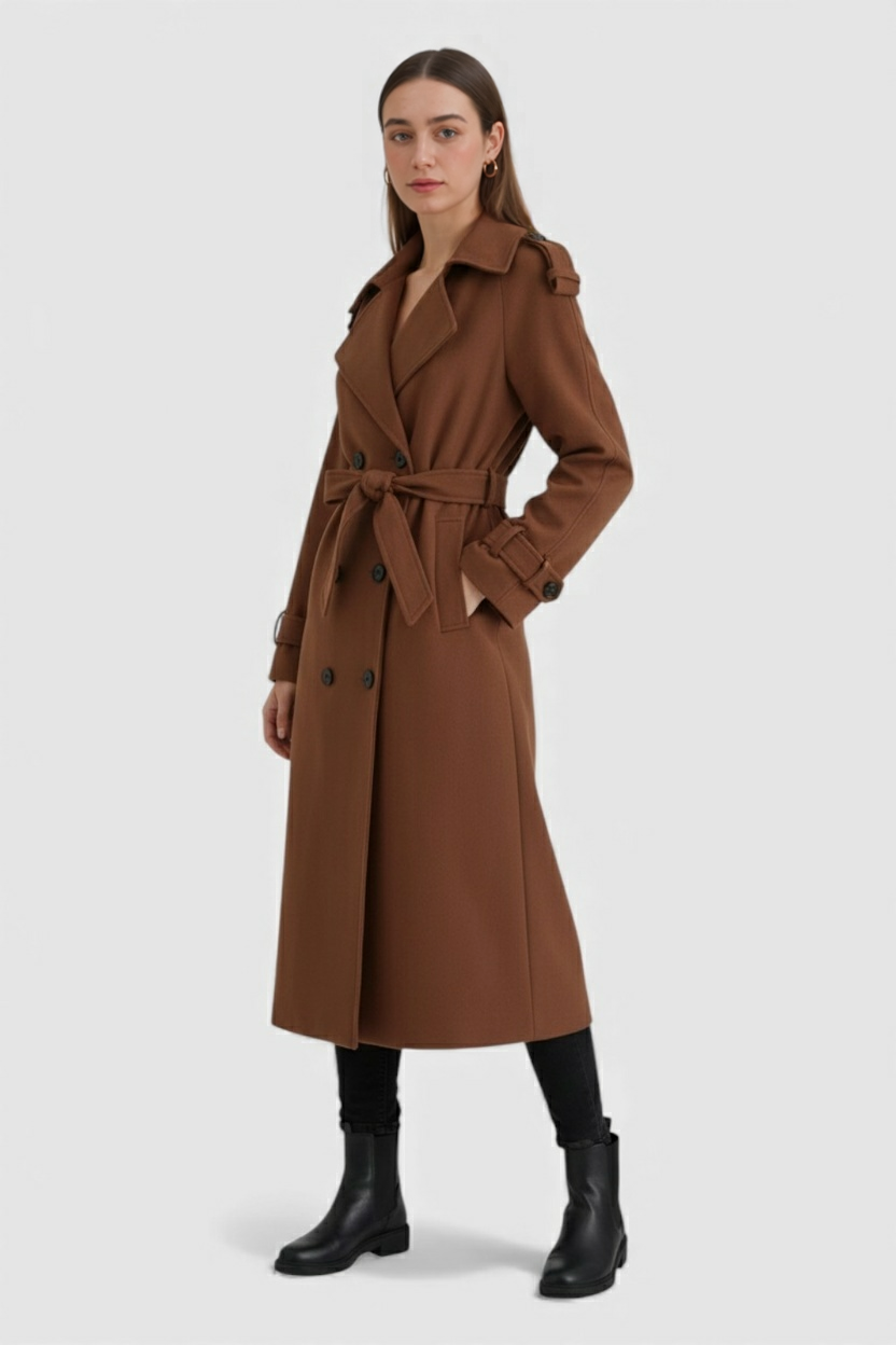 Cappotto Lungo Wool Blend Doppio Petto | Collo a Revers, Cintura Inclusa