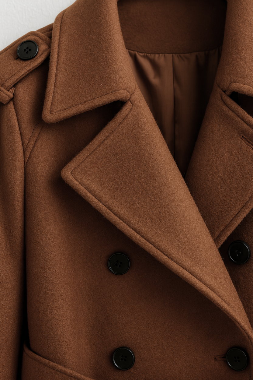 Cappotto Lungo Wool Blend Doppio Petto | Collo a Revers, Cintura Inclusa