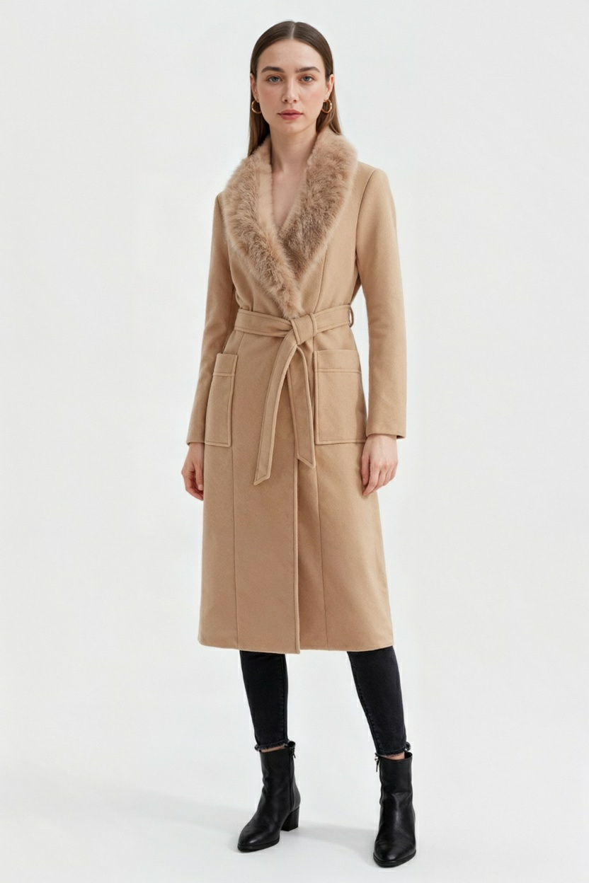 Cappotto Lungo con Cintura | Collo in Pelliccia Finta | Tasche a Patch | Vestibilità Regolare
