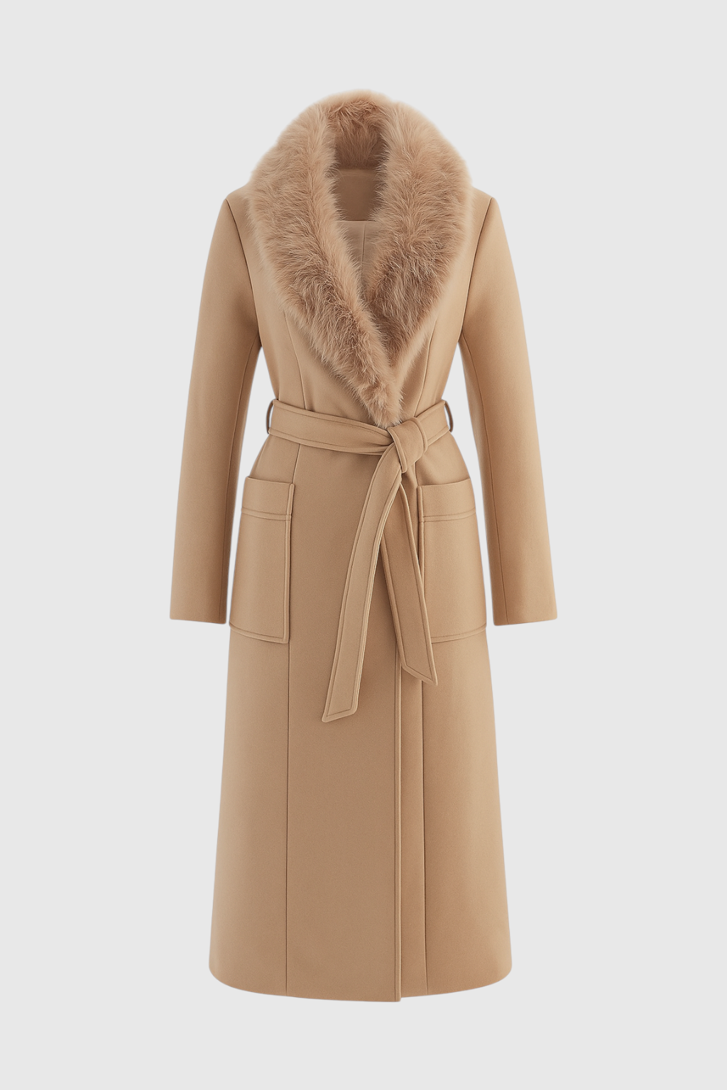Cappotto Lungo con Cintura | Collo in Pelliccia Finta | Tasche a Patch | Vestibilità Regolare