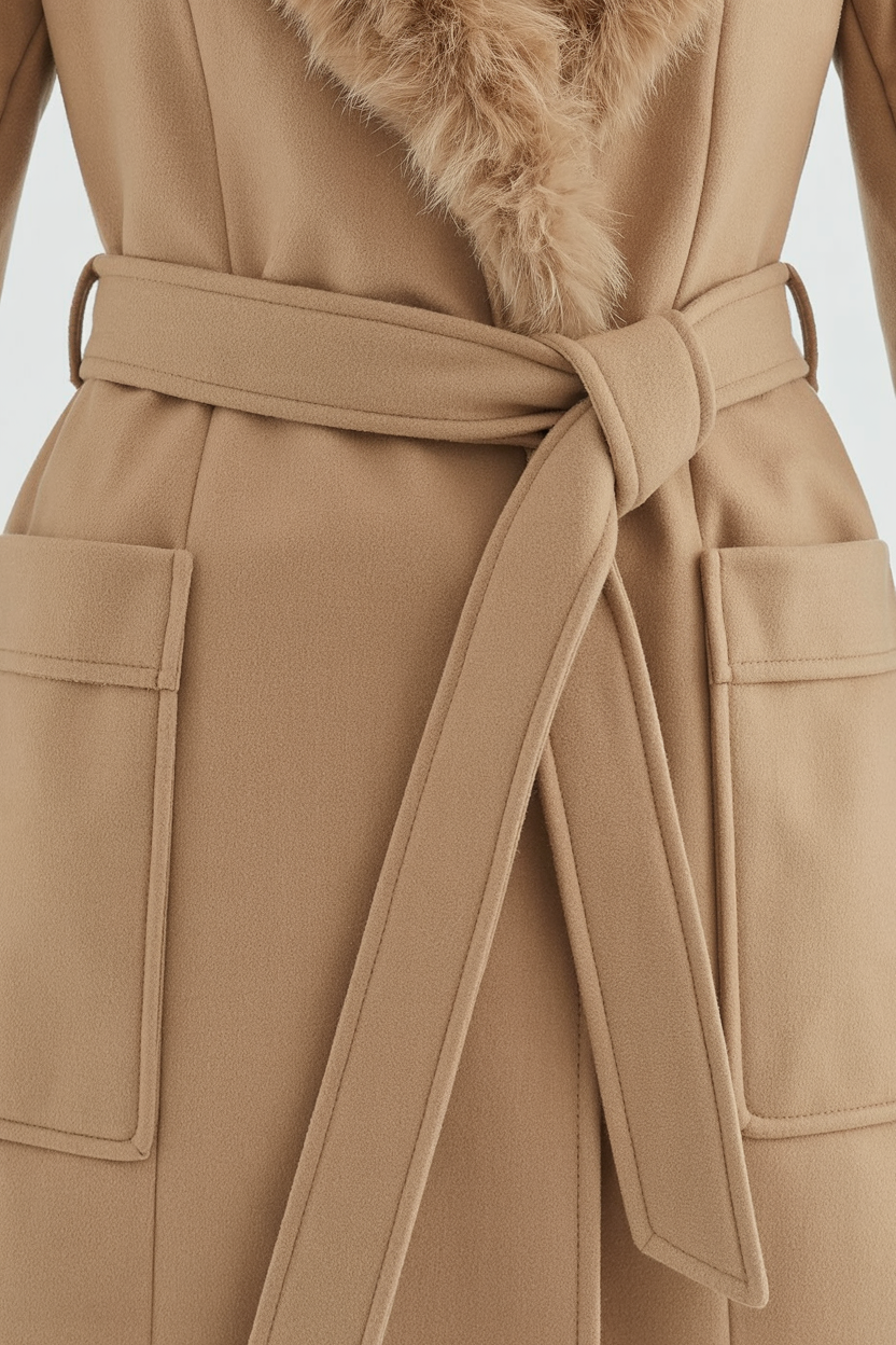 Cappotto Lungo con Cintura | Collo in Pelliccia Finta | Tasche a Patch | Vestibilità Regolare
