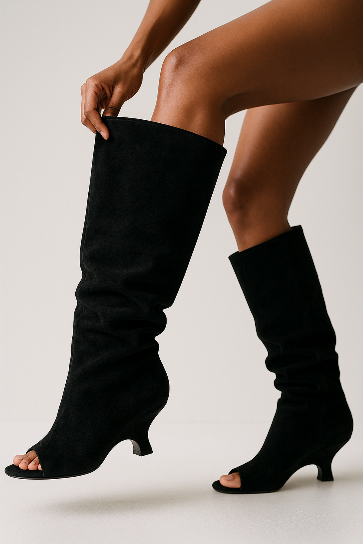 Stivali Peep-Toe Altezza Ginocchio | Pelle Sintetica | Tacco Scolpito