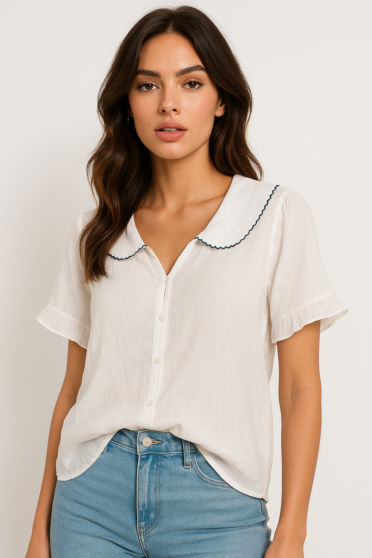 Camicia Collo Doll Essenza Retro | Manica Corta | Misto Cotone-Lino