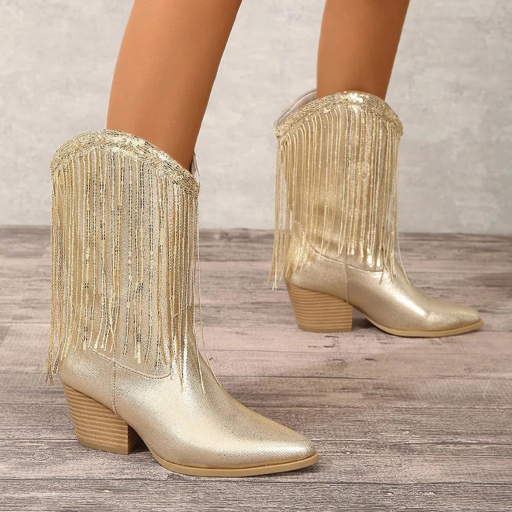 Stivali Fringe Mid-Calf Western | Punta Affilata | Tacco Blocco
