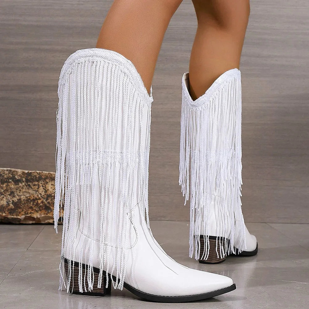 Stivali Fringe Mid-Calf Western | Punta Affilata | Tacco Blocco