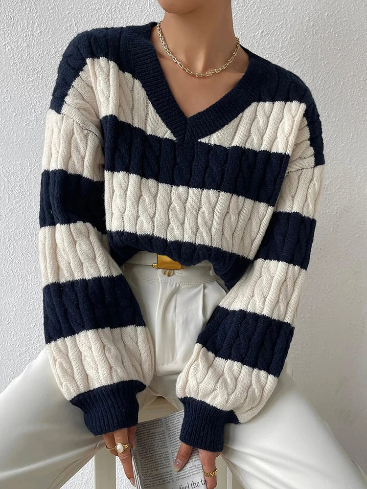 Maglione V-Neck Striato in Maglia a Cavo | Fit Comodo