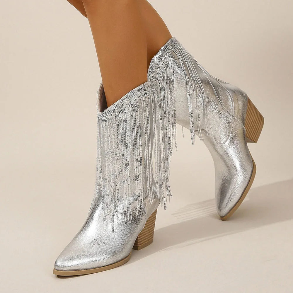 Stivali Fringe Mid-Calf Western | Punta Affilata | Tacco Blocco