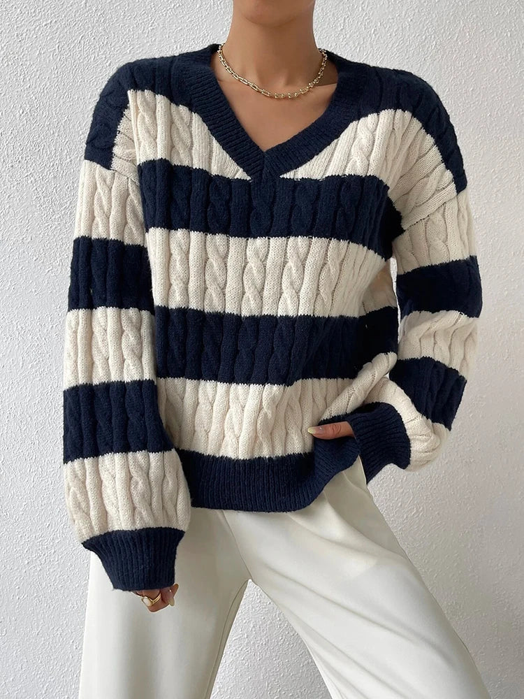 Maglione V-Neck Striato in Maglia a Cavo | Fit Comodo