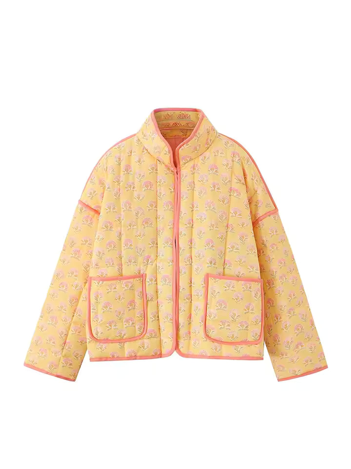 Giacca quilted floreale con collo alto