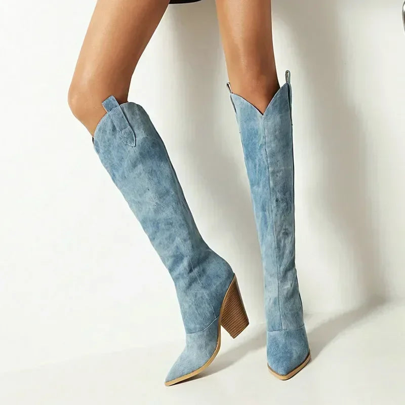Stivali Denim al Ginocchio | Punta Affilata | Design Tacco Blocco Western