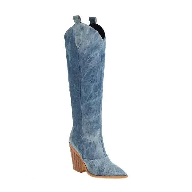 Stivali Denim al Ginocchio | Punta Affilata | Design Tacco Blocco Western