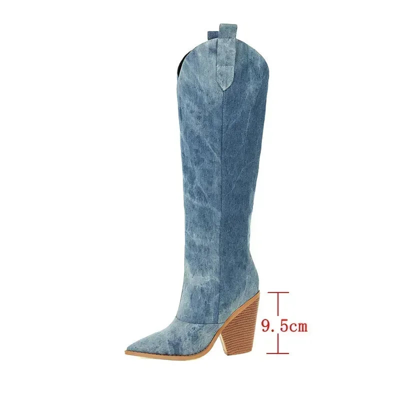 Stivali Denim al Ginocchio | Punta Affilata | Design Tacco Blocco Western