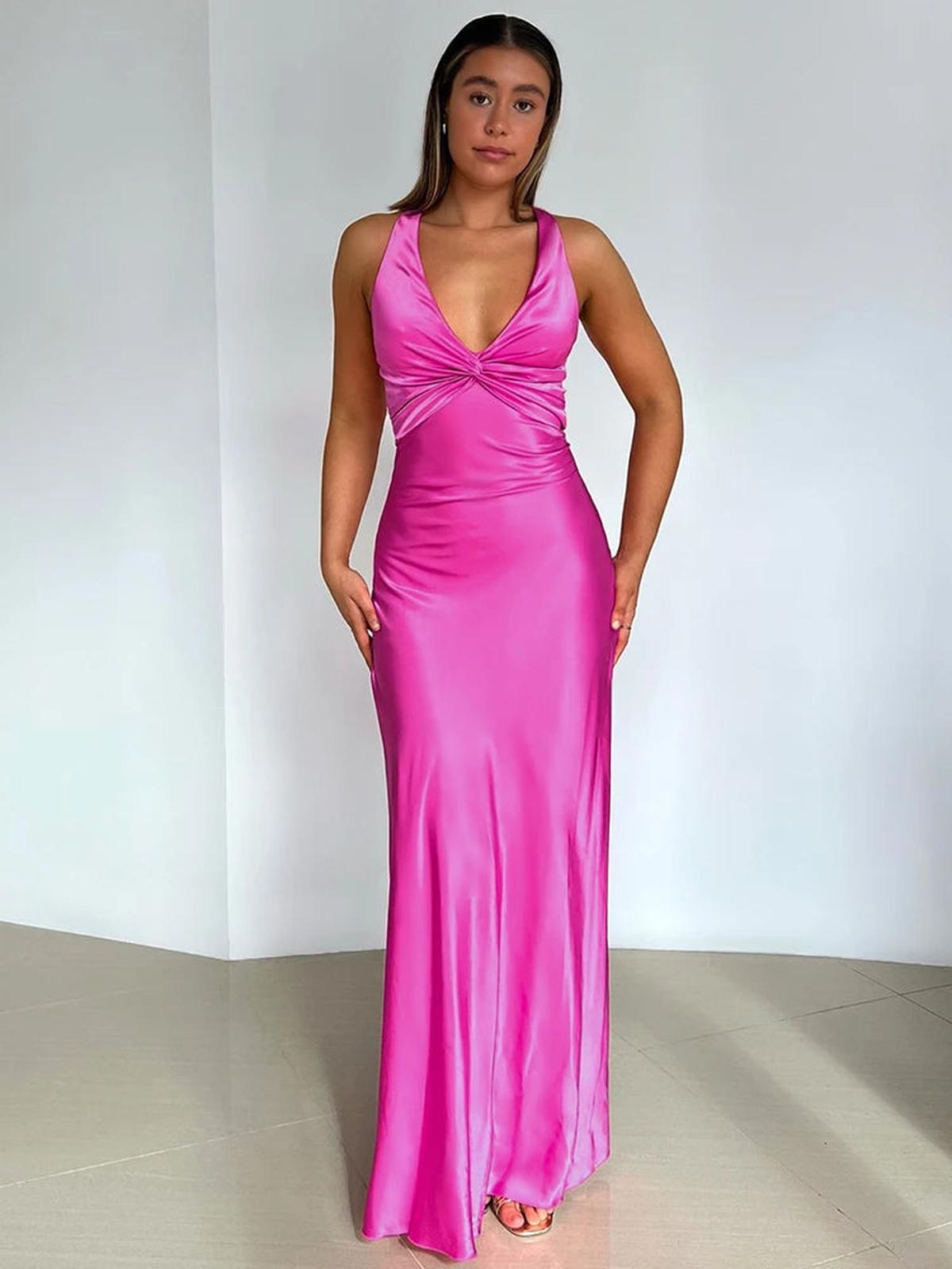 Abito Satinato Halter Neck | Twist Front | Lungo | Slim Fit