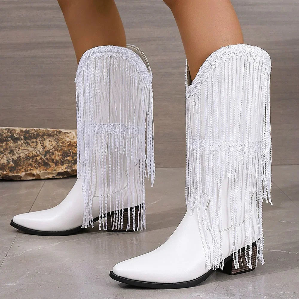 Stivali Fringe Mid-Calf Western | Punta Affilata | Tacco Blocco