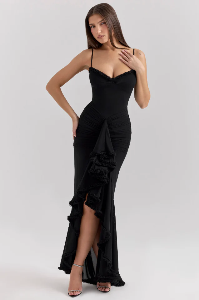 Abito Ruffle Satin Maxi | Spaghetti Straps, Acqua Frontale, Coda