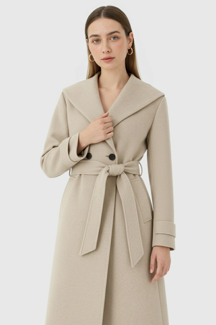 Cappotto Lungo con Cappuccio | Doppio Petto, Vita Con Cintura, Forma A-Linea
