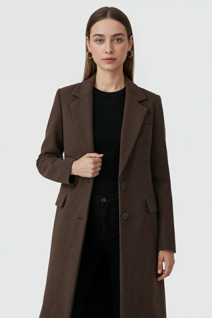 Cappotto Lungo Effetto Lana | Bottoni Singoli, Tasche a Falda, Ventilazione Posteriore