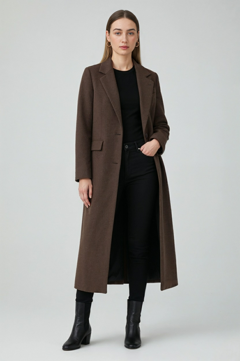 Cappotto Lungo Effetto Lana | Bottoni Singoli, Tasche a Falda, Ventilazione Posteriore