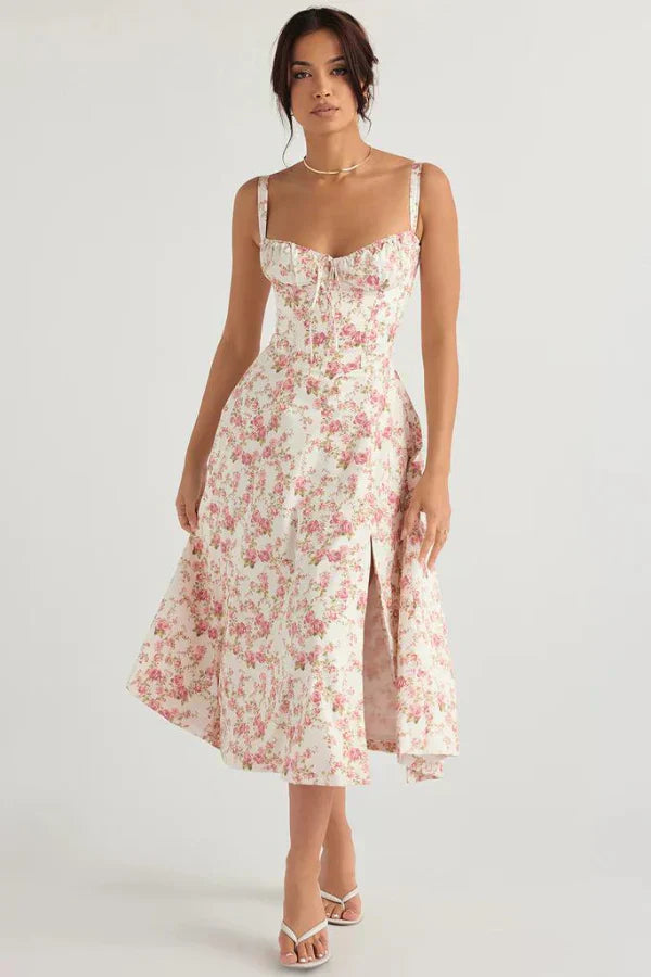 Abito Midi Floreale Corsetto | Scollo a Cuore, Gonna con Spacco, Spaghetti