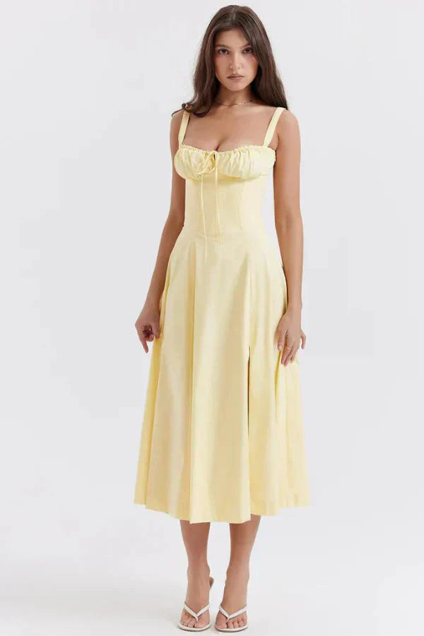 Abito Midi Floreale Corsetto | Scollo a Cuore, Gonna con Spacco, Spaghetti