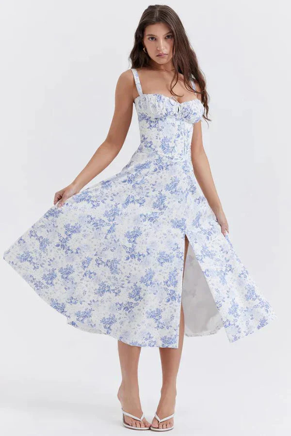 Abito Midi Floreale Corsetto | Scollo a Cuore, Gonna con Spacco, Spaghetti