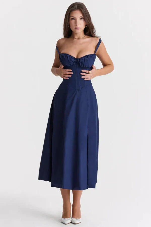 Abito Midi Floreale Corsetto | Scollo a Cuore, Gonna con Spacco, Spaghetti