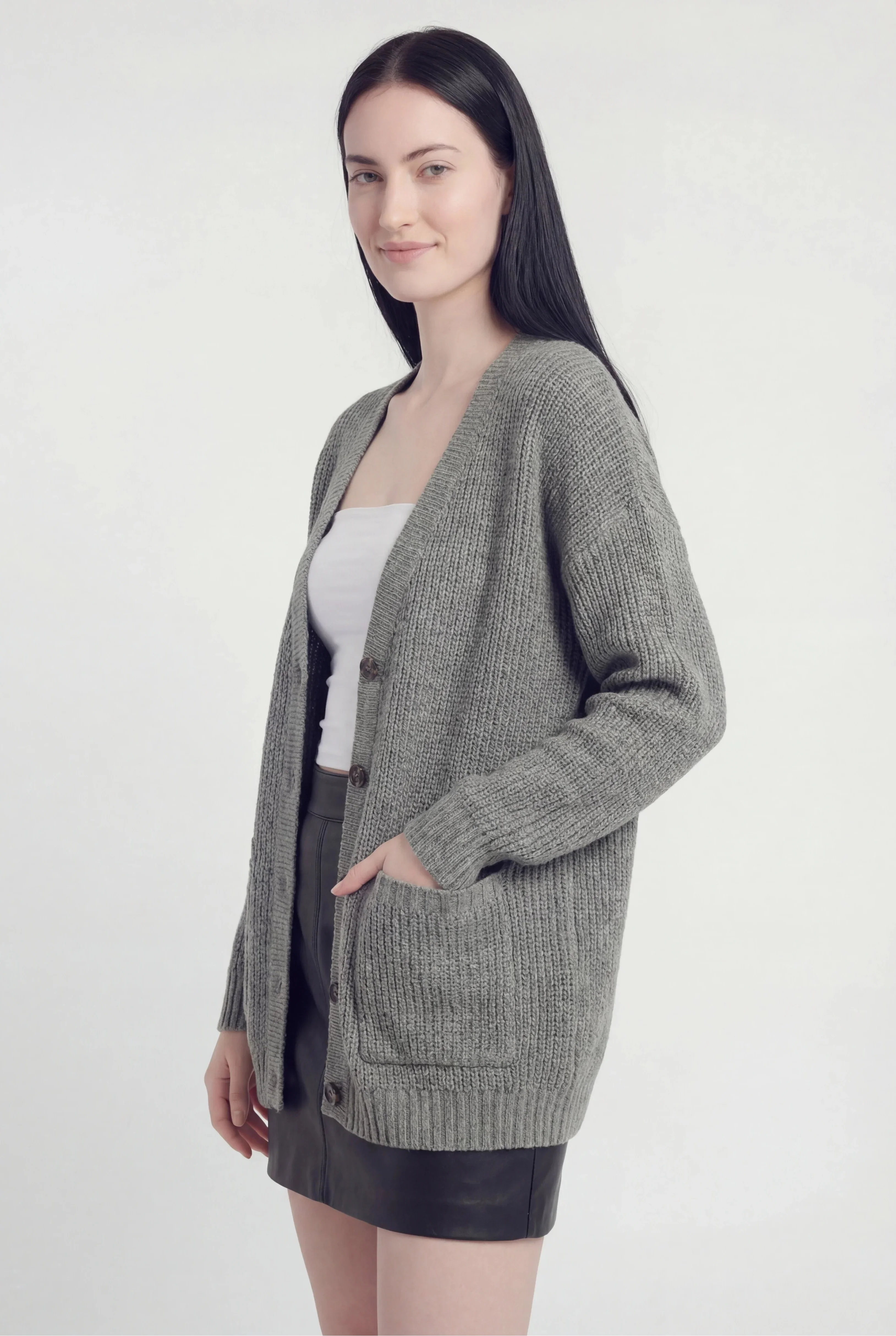 Cardigan Rib Knit Oversized V-Neck | Tasche Applicate | Longline