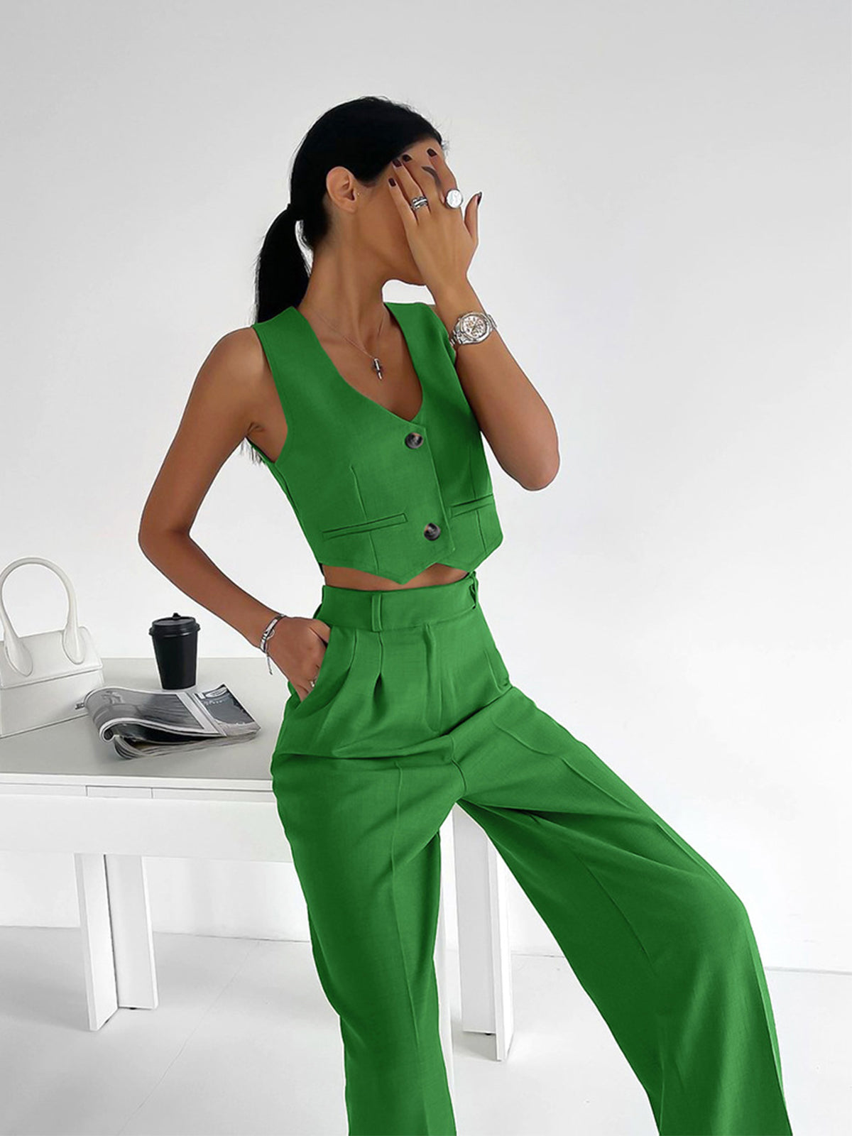 Gilet e Pantaloni Largo Plettati Set | Misto Cotone Lino
