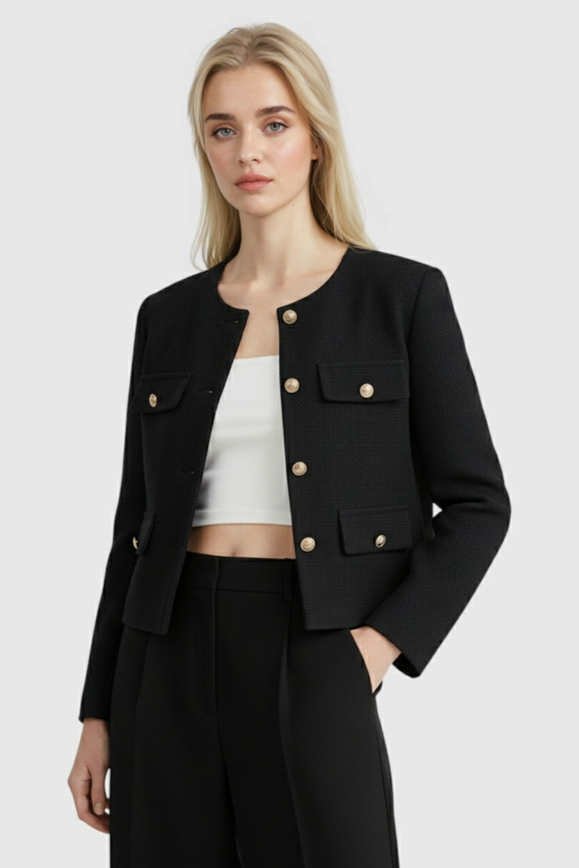 Giacca Cropped | Collo Rotondo, Patte, Regular Fit
