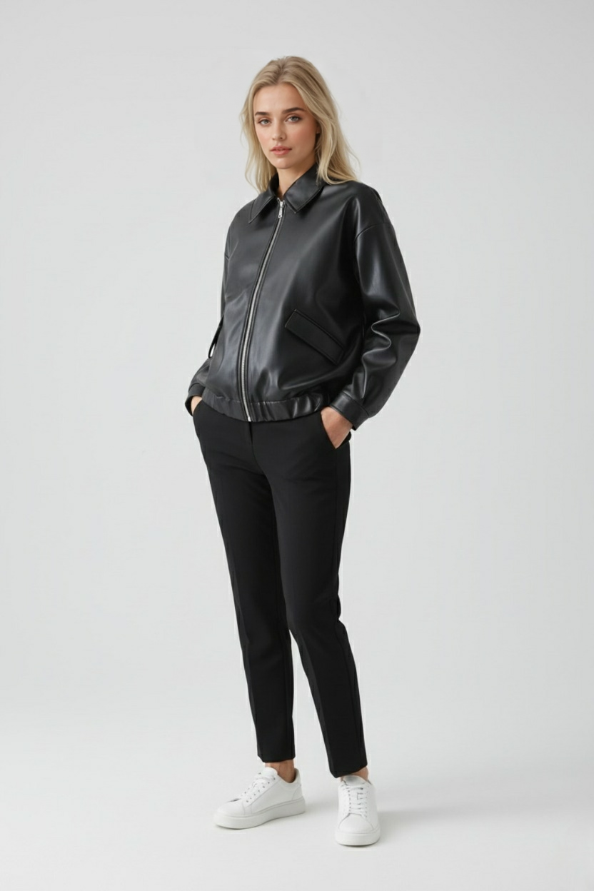 Giacca in Pelle Ecologica | Zip Front e Orlo Elastico