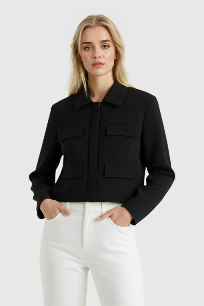 Giacca Utilitaria Cropped | Collo Ribassato, Tasche a Falda