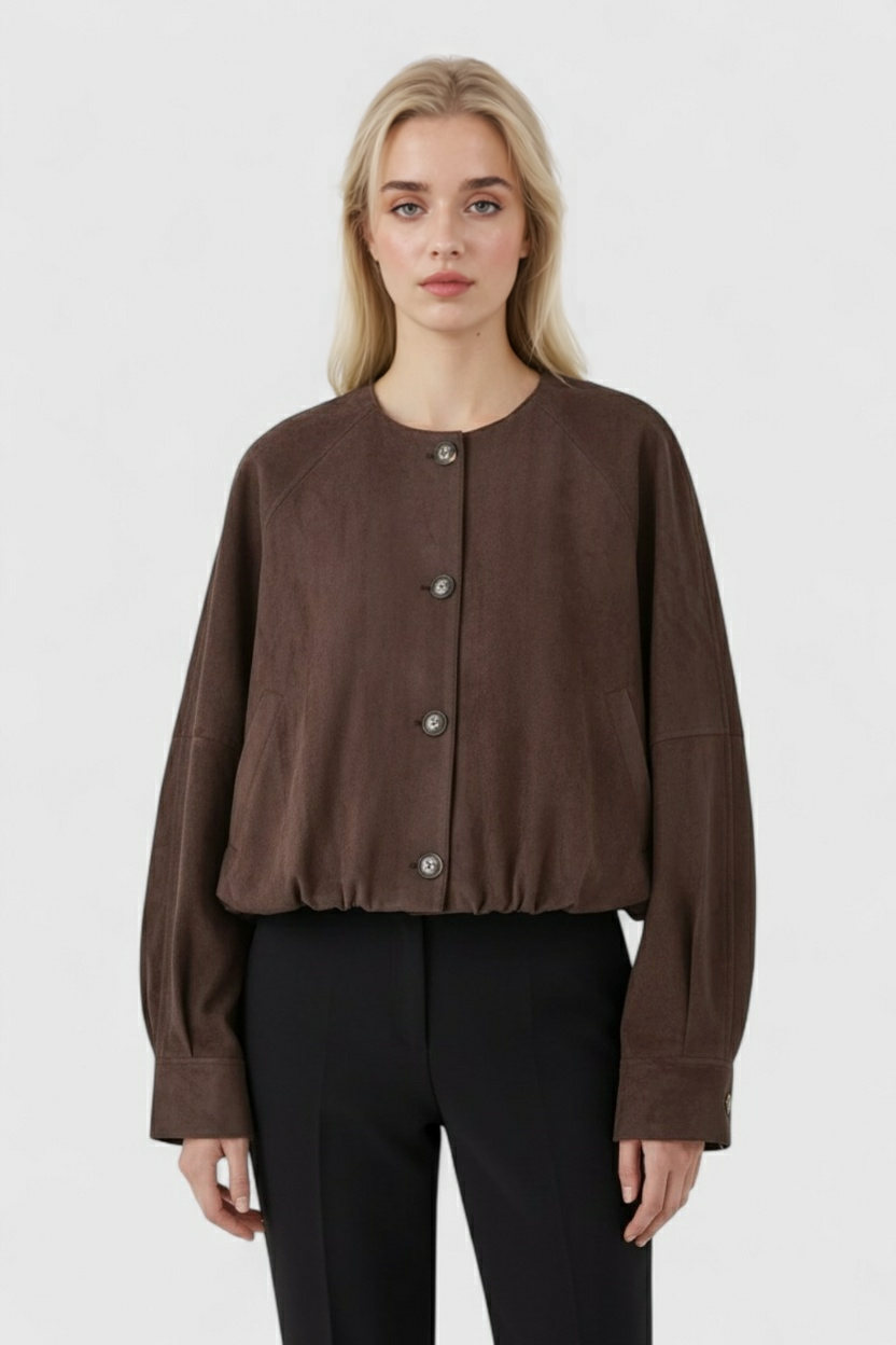 Giacca PU | Collo Rotondo | Forma Cropped | Bottoni | Fit Relaxed