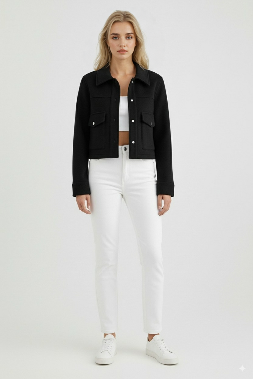 Giacca Cropped | Collo Quadrato, Dettaglio Tasche, Maniche Lunghe