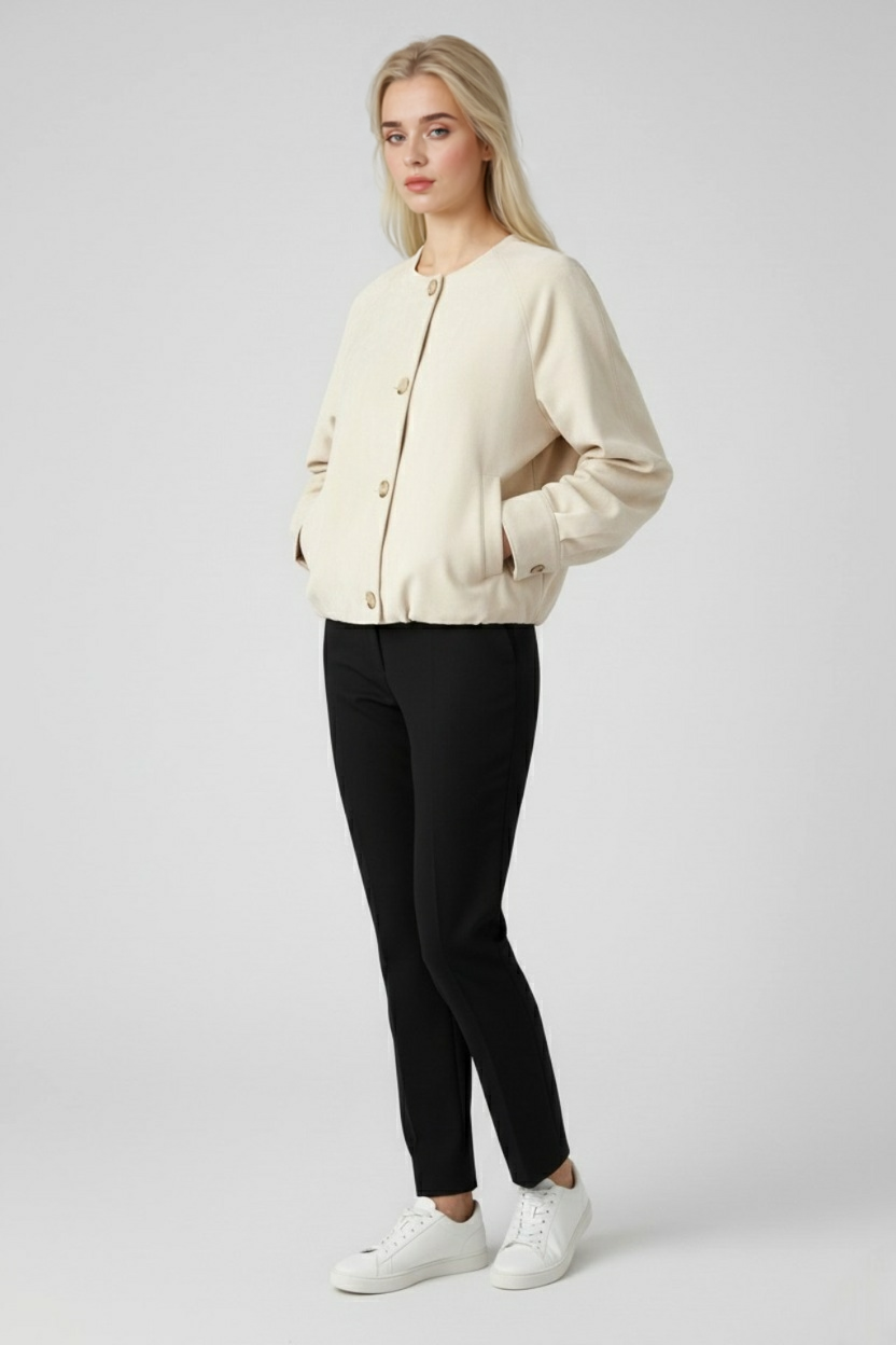 Giacca PU Collo Rotondo | Bottoni Fronte | Lunghezza Cropped | Maniche Raglan