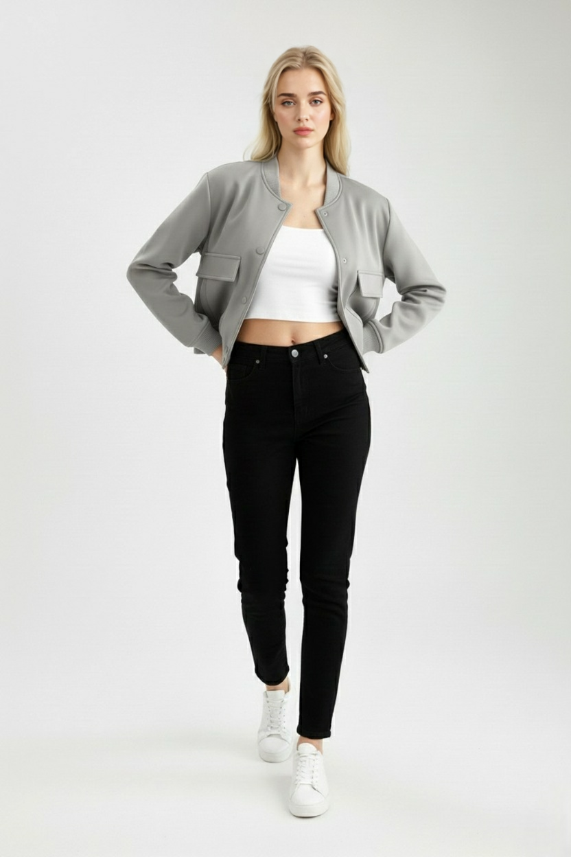 Bomber jacket Essenza grigia con collo O ribbed