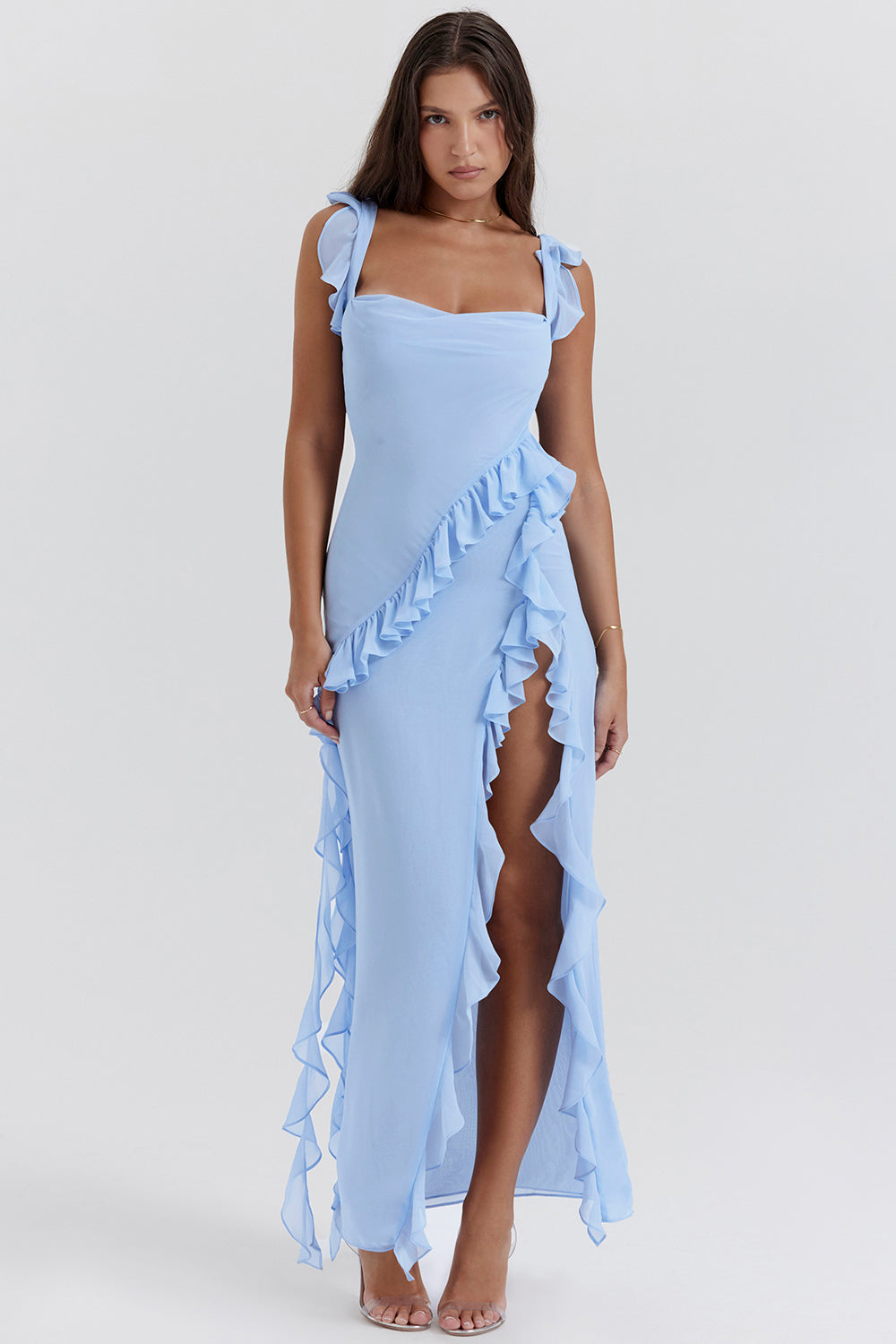 Abito Ruffle Split Maxi | Scollo Quadrato, Senza Maniche, Orlo Drappeggiato
