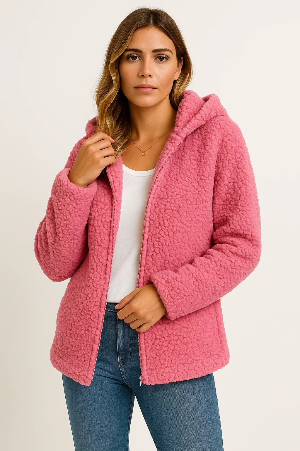 Giacca Teddy Fleece Essenza | Design con Cappuccio e Zip