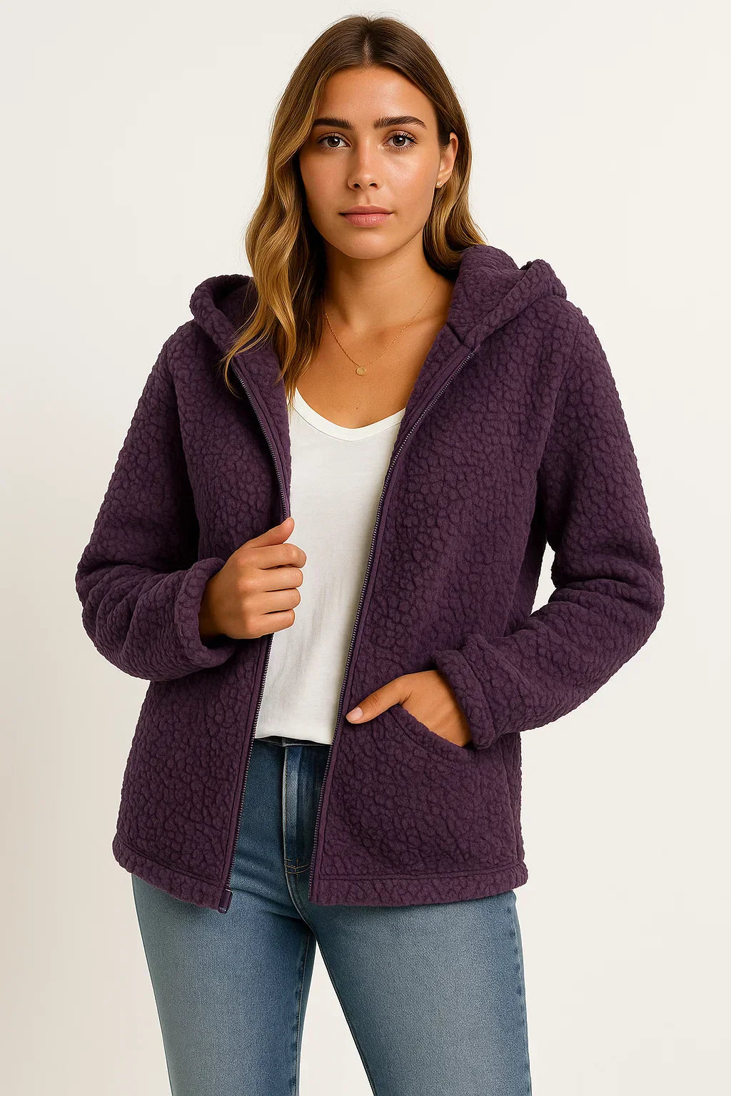 Giacca Teddy Fleece Essenza | Design con Cappuccio e Zip