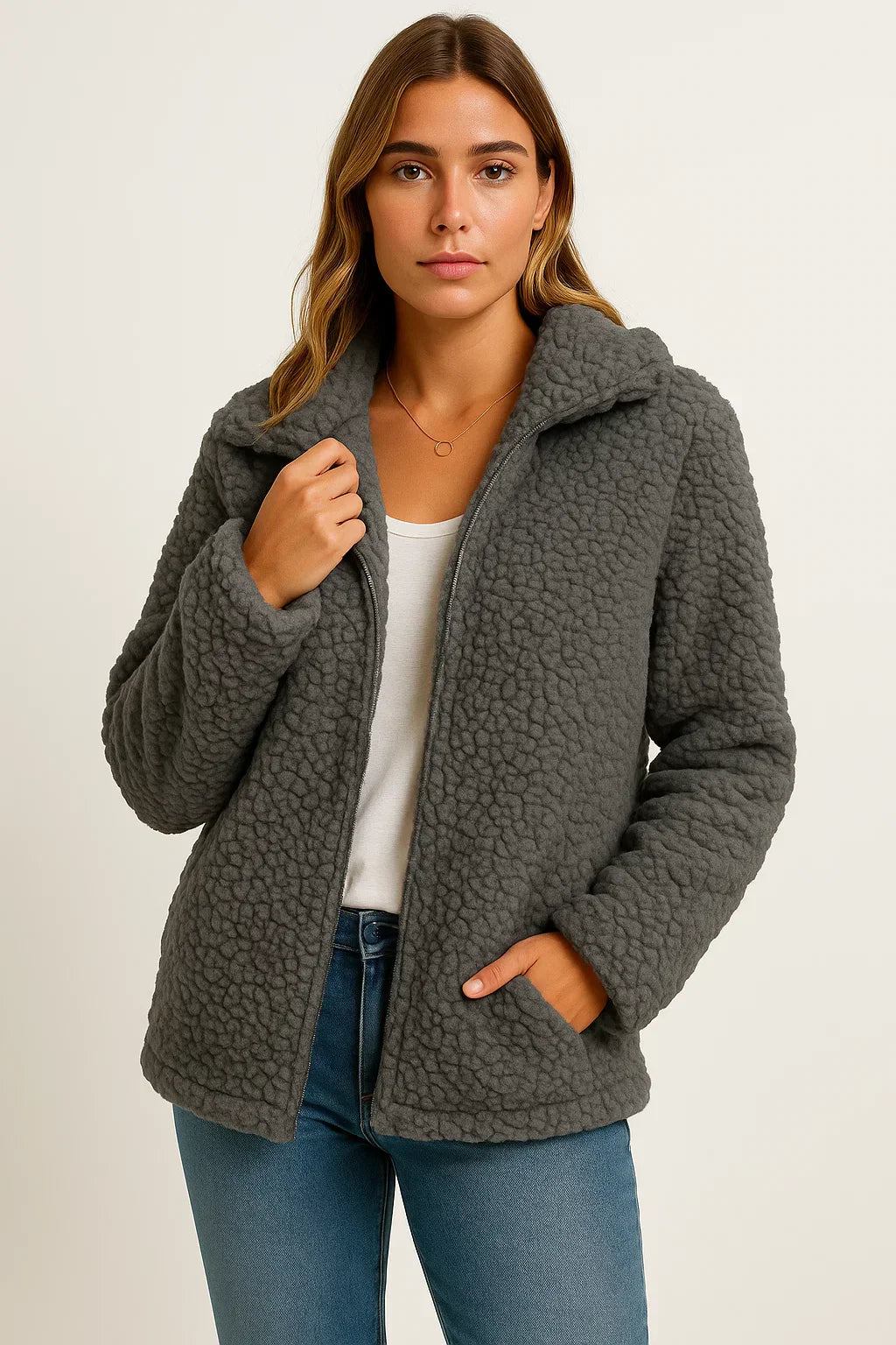 Giacca Teddy Fleece Essenza | Design con Cappuccio e Zip