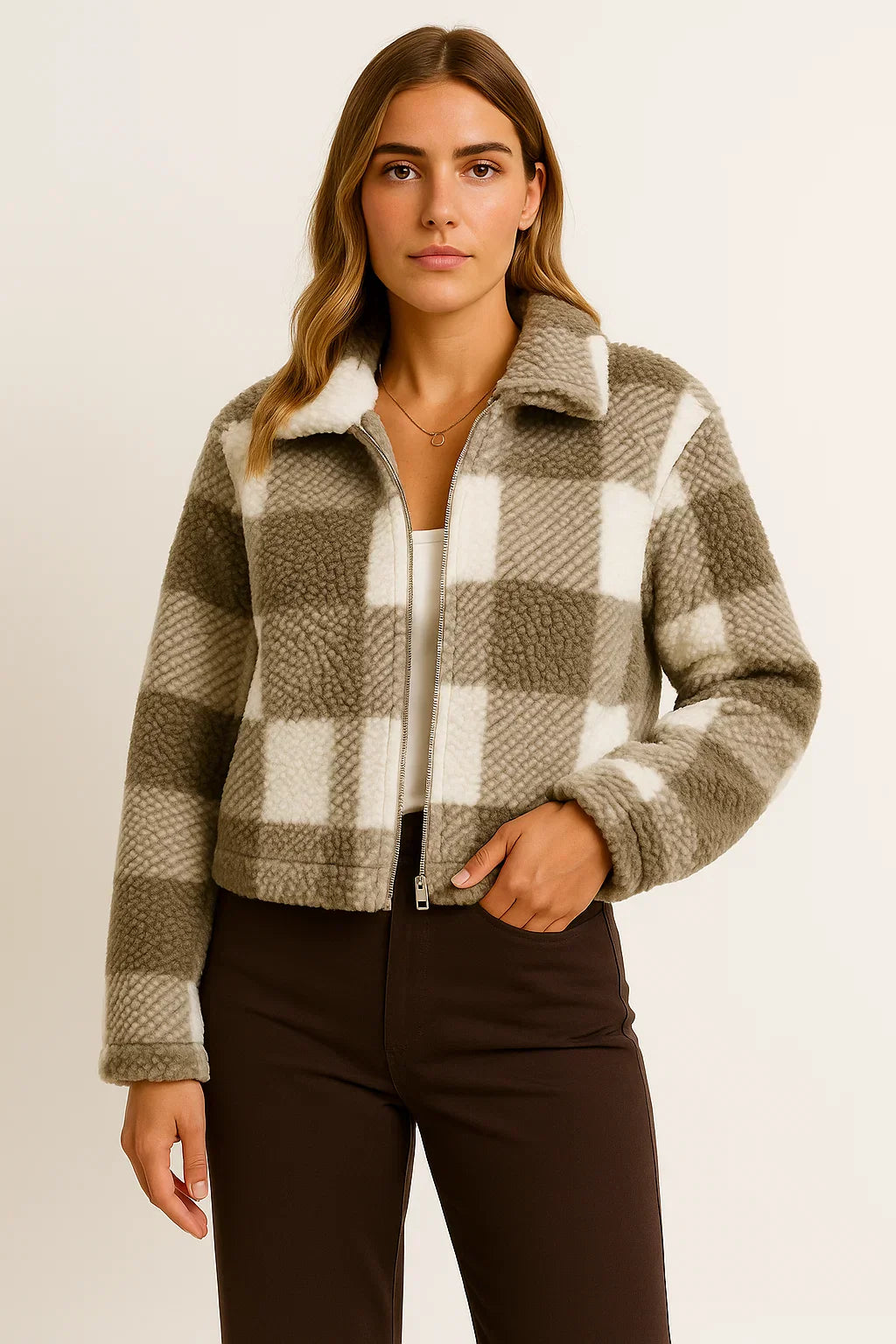 Giacca Teddy a Quadrati | Zip Front | Finitura Morbida in Fleece