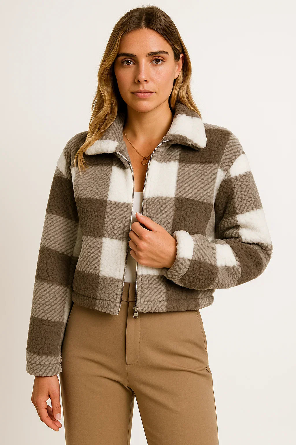 Giacca Teddy a Quadrati | Zip Front | Finitura Morbida in Fleece