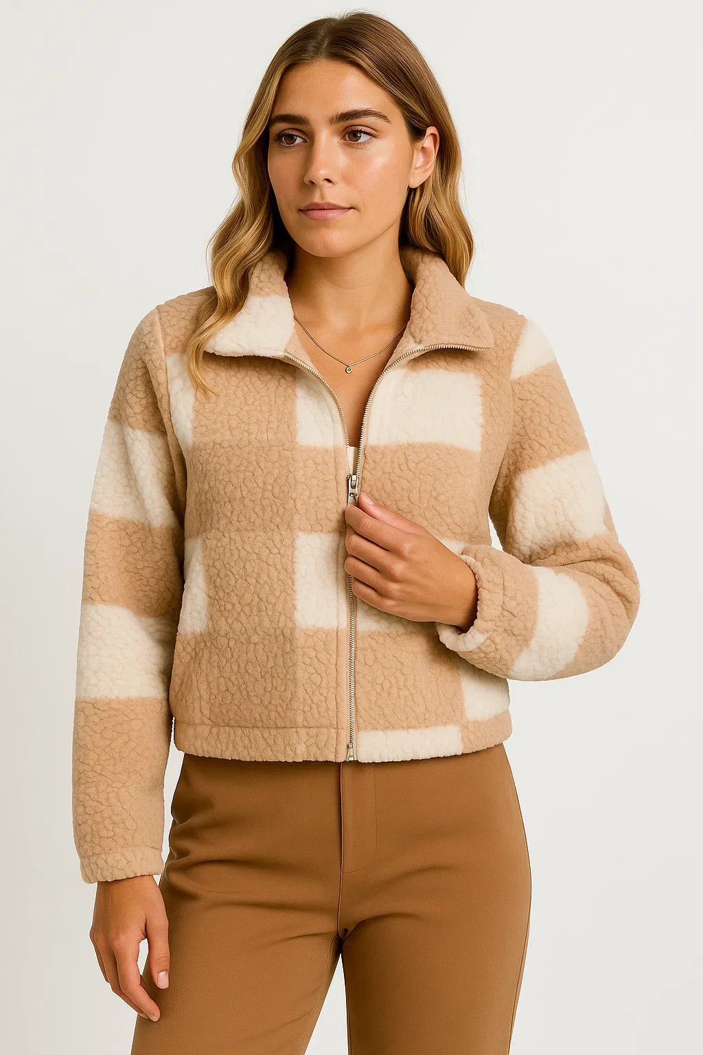 Giacca Teddy a Quadrati | Zip Front | Finitura Morbida in Fleece