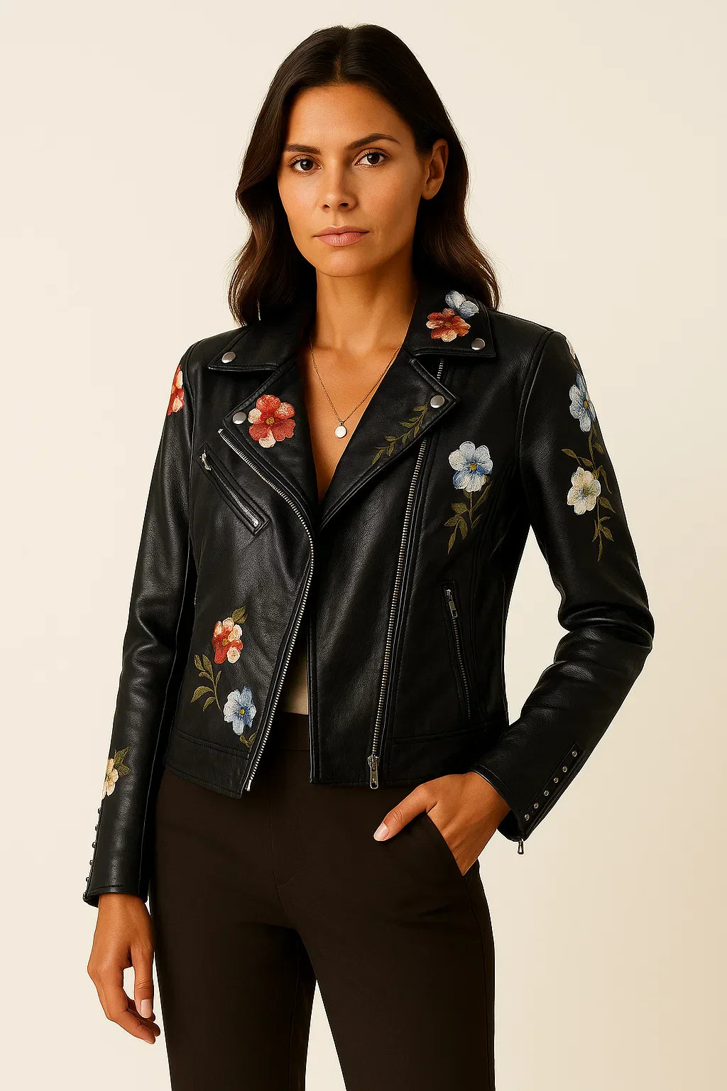 Giacca Biker in Pelle Ecologica Ricamata | Chiusura Zip | Fit Slim