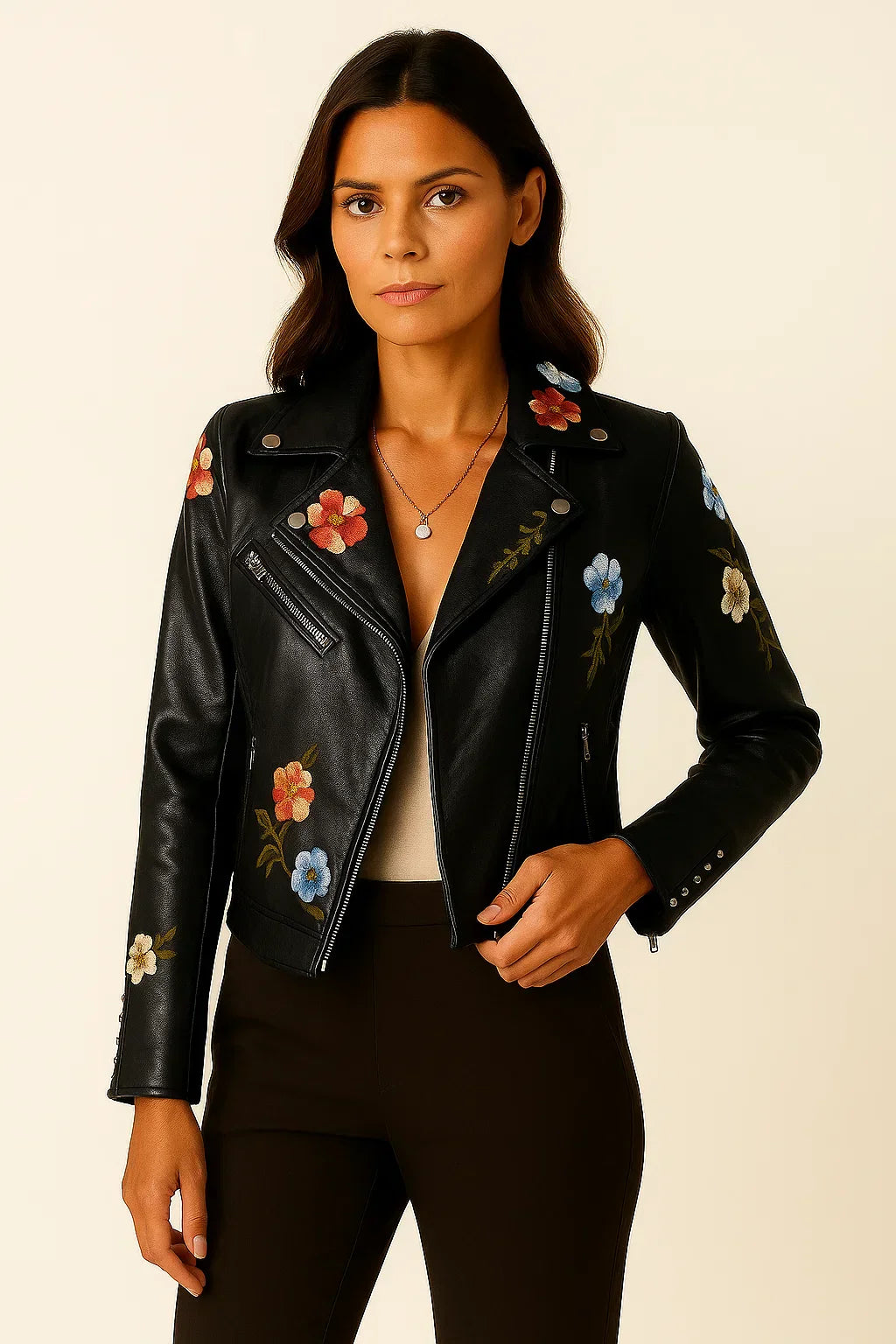 Giacca Biker in Pelle Ecologica Ricamata | Chiusura Zip | Fit Slim